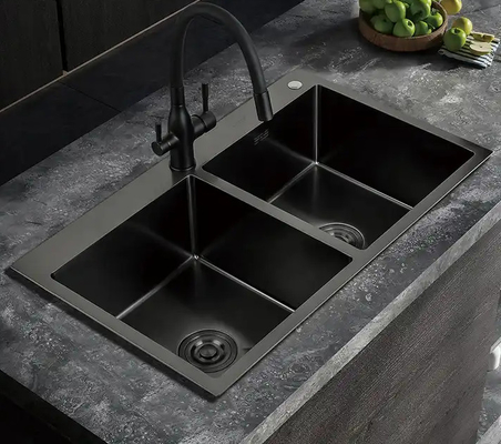 FOOK SINK Handmade Top Mount 304 Stainless Steel Double Bowl Kitchen Sink with Ledge