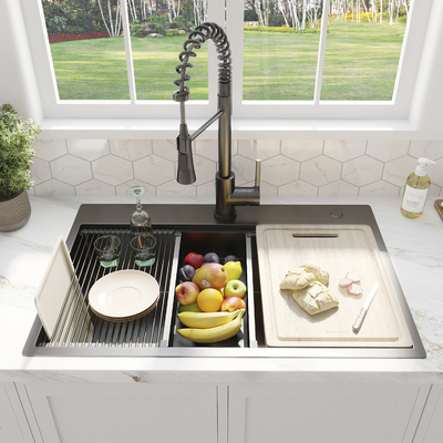 FOOK SINK Handmade Top Mount 304 Stainless Steel Double Bowl Kitchen Sink with Ledge